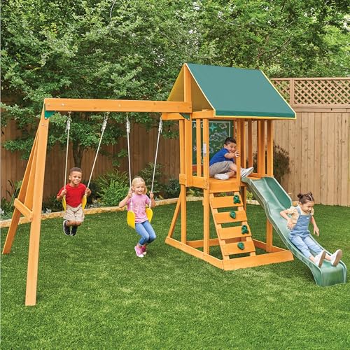 KidKraft Appleton Wooden Swing Set - Outdoor Playset with Slide & Chalk Wall, Exclusive