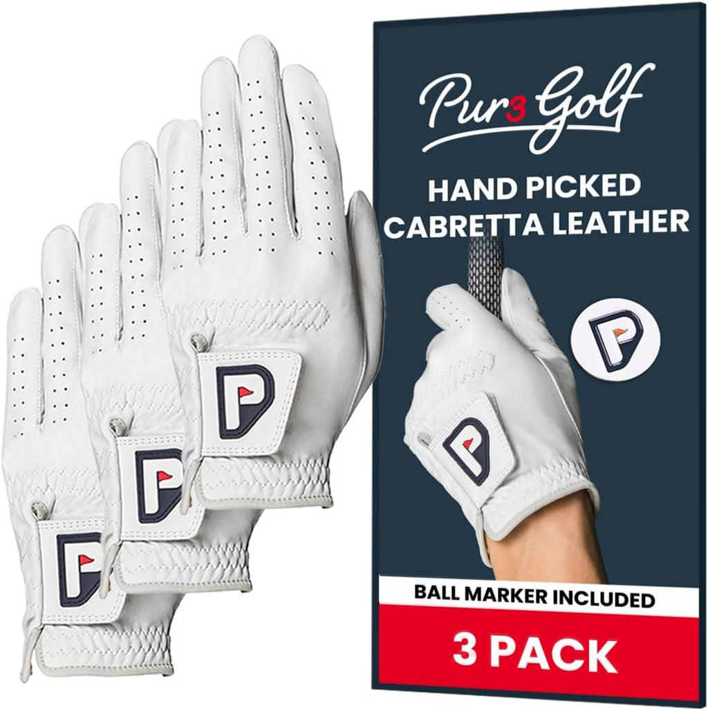 PUR3 Cabretta Leather Golf Gloves - Ultra Soft Genuine Leather | Left & Right Hand | Multi-Pack with Ball Marker