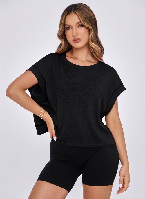 MIHOLL Women's Open Back Crop Top - Oversized Cotton Athletic Shirt for Yoga & Running