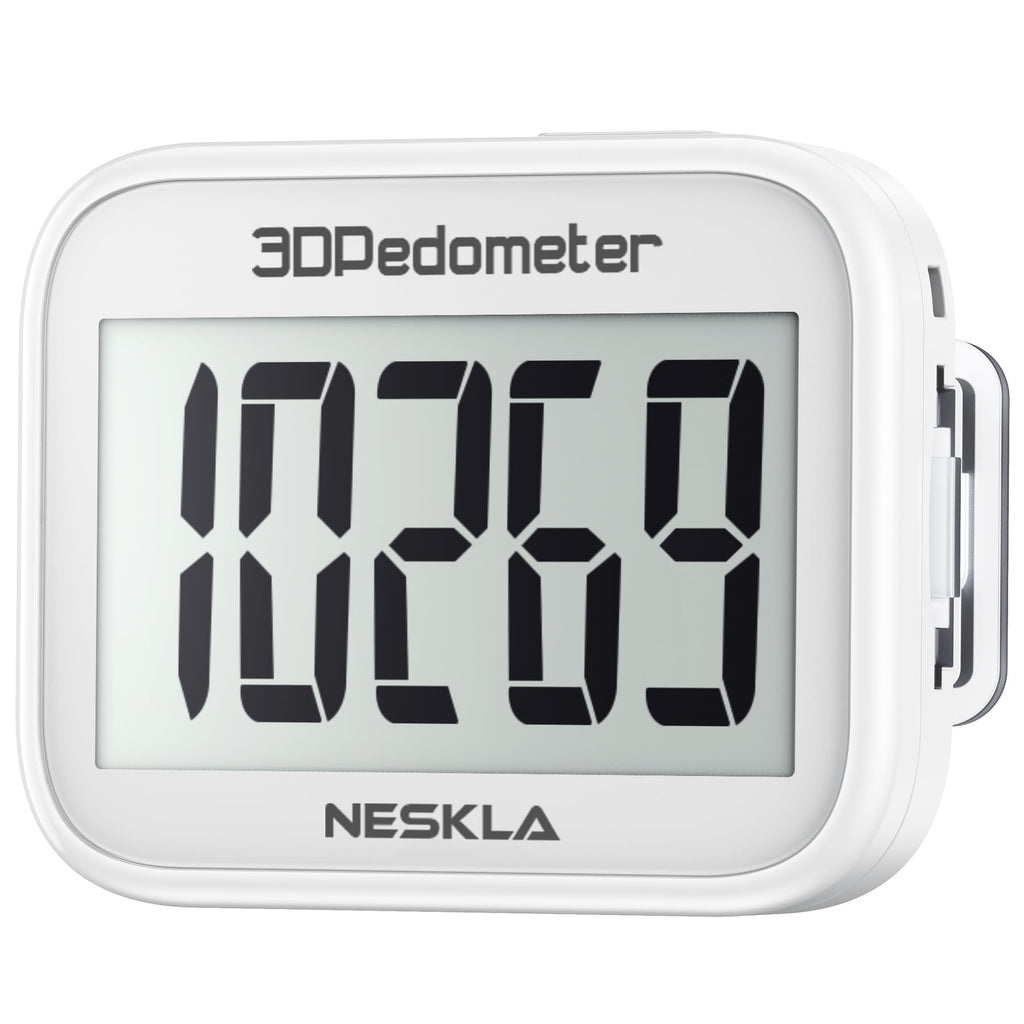 NESKLA 3D Pedometer for Walking, Simple Step Counter with Large Digital Display, Step Tracker with Removable Clip Lanyard, Accurately Track Steps for Men Women Kids Adults Seniors-White