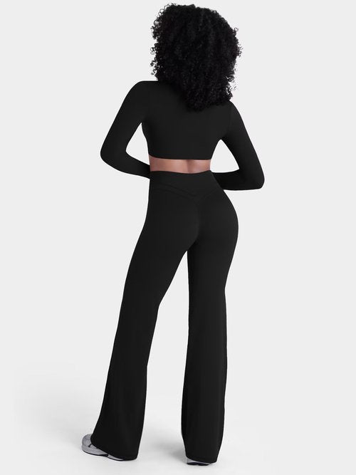 Sunzel Women Hidden Butt Lift Flare Yoga Pants No Front Seam V Crossover High Waist Flare Leg Lounge Workout Flared Leggings Black