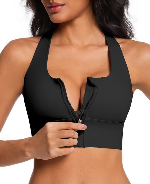 Eskmiry Zip Front Sports Bra for Women, High Support Criss-Cross Back Strappy Padded Workout Tops Supportive Gym Bras Black