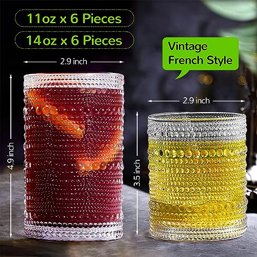 Lvtrupc Vintage Hobnail Drinking Glasses Set of 12 - 14oz & 11oz Glassware for Cocktail, Juice, Water, and More