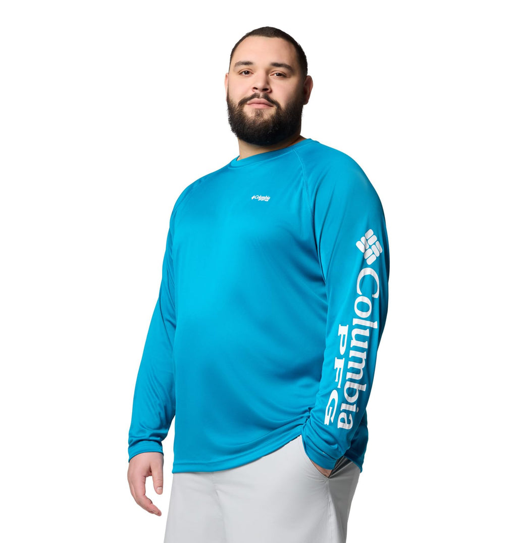 Columbia Men's PFG Terminal Tackle Long Sleeve Fishing Shirt, Blue Echo/White Logo, 3X Tall