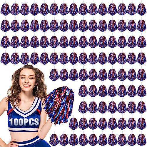 Cheerleading Pom Poms Bulk - Metallic Foil 100pcs with Handles - Red & Blue