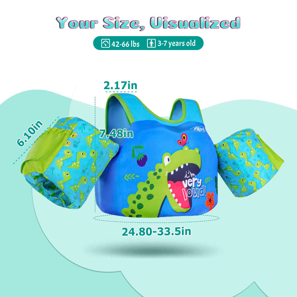 AEOCOO Puddle Float Jumper 30-50-60-70 Pounds, Toddler Swim Vest for 2-3-5-7 Years Old, Pool Floats with Swimming Arm Floaties Swim Jacket for Kids Swimmies, Boys, Girls, Niños, Dinosaur