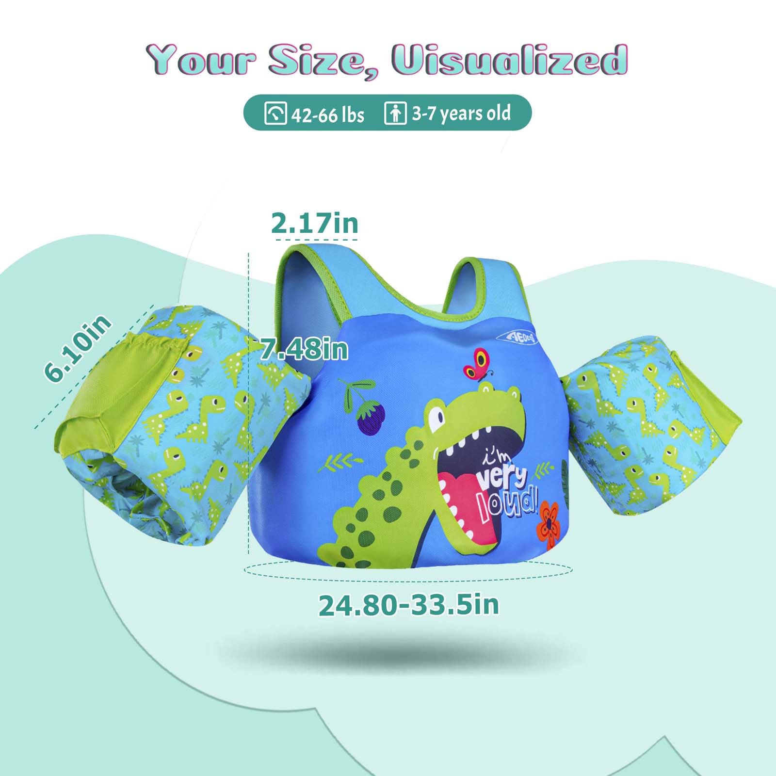 AEOCOO Puddle Float Jumper 30-50-60-70 Pounds, Toddler Swim Vest for 2-3-5-7 Years Old, Pool Floats with Swimming Arm Floaties Swim Jacket for Kids Swimmies, Boys, Girls, Niños, Dinosaur