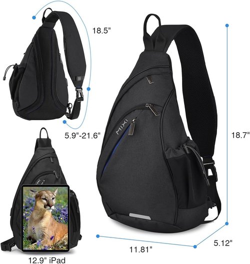 Mixi Sling Bag | Unisex One Shoulder Backpack with USB Port - Versatile Casual Daypack, 19 Inch, Black