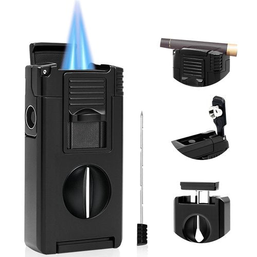 VloEssic 5-in-1 Dual Jet Flame Butane Torch Lighter Built-in V Cutter, Punch, Holder, Draw Enhancer Tool, Windproof Refillable Butane Lighter Gift for Men, Cool Lighters for Candle, Outdoor (No Gas)
