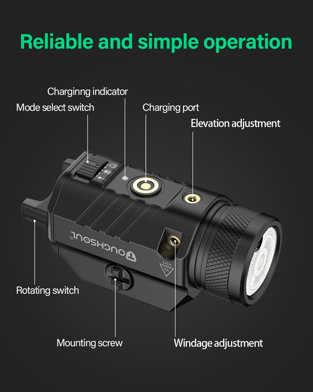 TOUGHSOUL Pistol Light - 1200 Lumens Green Laser & White LED Flashlight | Rechargeable Battery