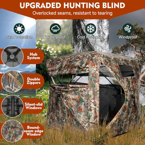 DUEYAGO 270° Camo Ground Hunting Blind for 2-3 Hunters, See-Through Mesh Windows