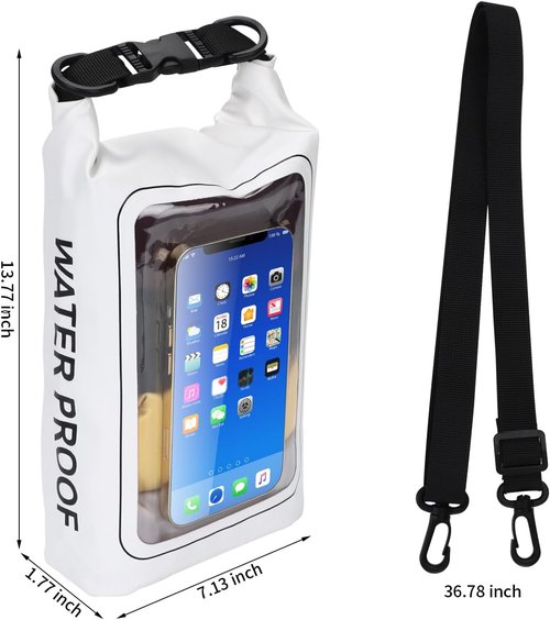 IP68 Waterproof Dry Bag - 2L Roll Top Pool Bag with Phone Pouch for Kayaking & Boating (White)