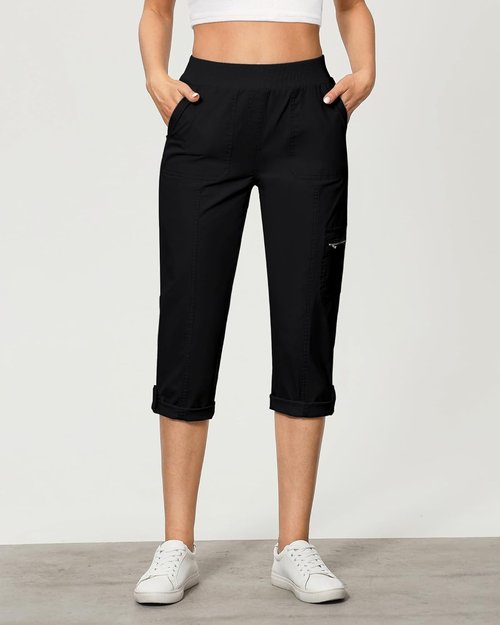 GRAPENT Capri Cargo Pants - High Waisted, Stretch Twill with Pockets | Comfortable Fold Hem Design