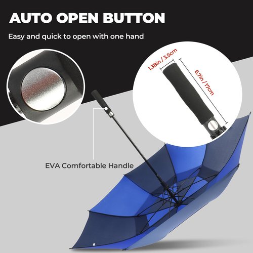 LLanxiry Automatic Open Golf Umbrella 54/62/68/72 Inch, Extra Large Windproof Vented Double Canopy Stick Umbrella, 210T Pongee Waterproof SPF 50+, Fiberglass Ribs Steel Shaft, EVA Grip for Golf & Commute