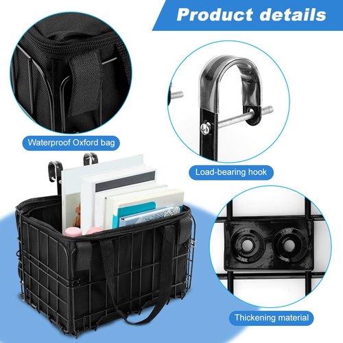 NINEFOX Folding Bike Front Basket with Removable Liner Bag, Black, Steel + Oxford Cloth, Handlebar/Rack Mount, 13.39x7.87x9.06inch, 20kg Capacity