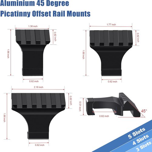 LONSEL 45° Picatinny Offset Rail Mount - Low Profile Aluminum Adapter for Flashlight & Laser Sight