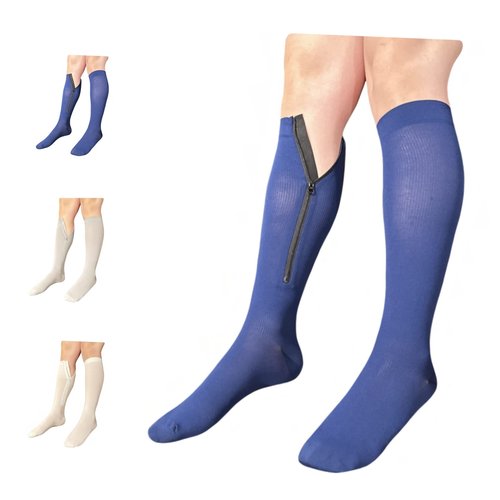 Ziperior Closed Toe 15-20 mmHg Compression White Navy Gray Inside Zipper Socks (Navy, 2X-Large)