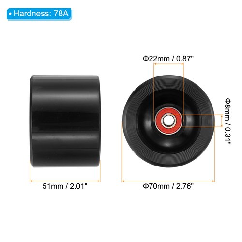 PATIKIL 70mm 78A Longboard Wheels with Red ABEC-9 Bearings, 4 Pack Soft Cruiser Wheels Street Wheels for Skateboards Skateboard Wheel PU Black
