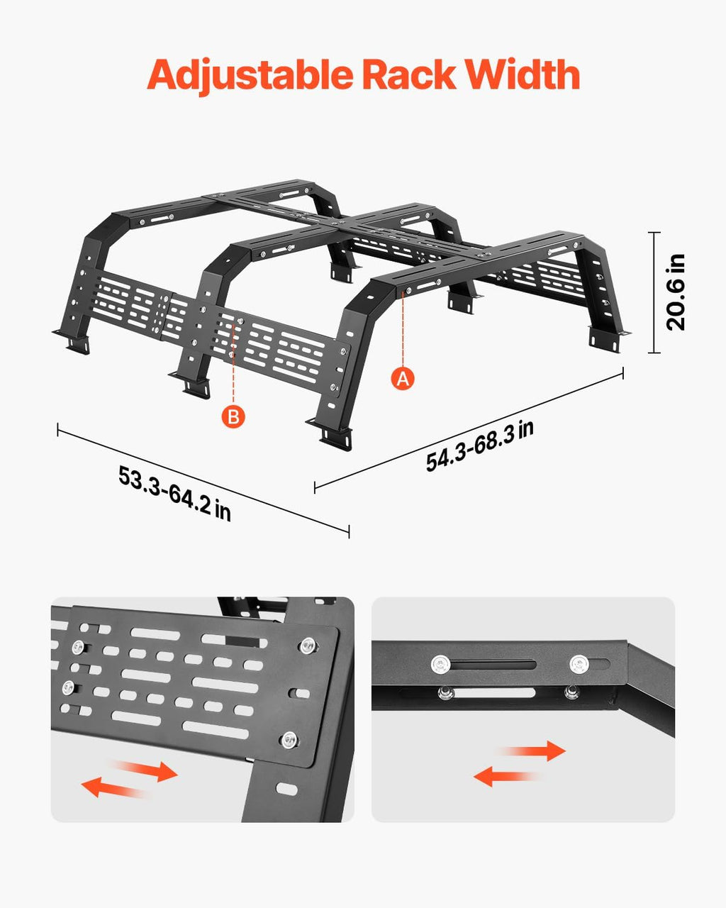 VEVOR Overland Truck Bed Rack - Adjustable 54.3-68.3 in Width | Heavy Duty Steel, 900 lbs Capacity