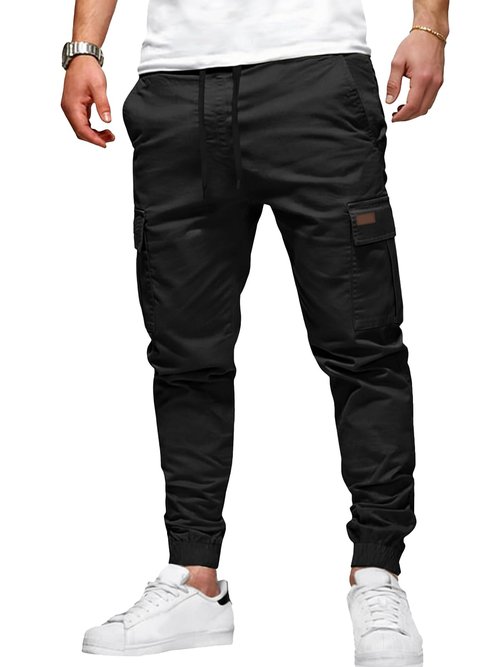 Runcati Mens Cargo Pants Casual Drawstring Elastic Waist Chino Pants Stretch Outdoor Track Joggers Sweatpants Black