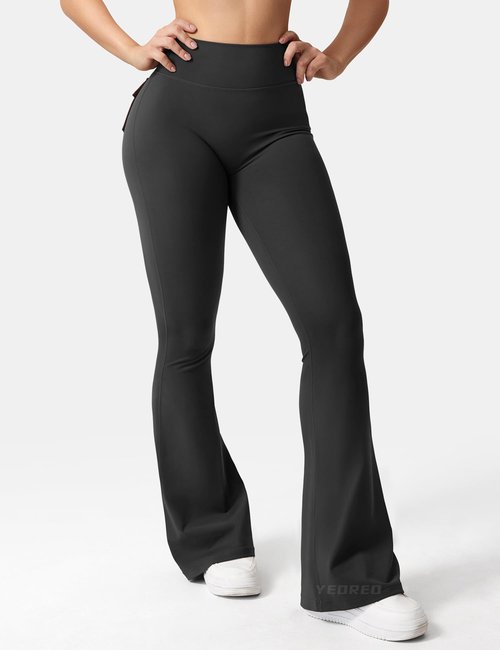 YEOREO CoreFlex Flare Leggings with Pockets for Women Scrunch Workout Leggings Butt Lifting Gym Yoga Pants Black
