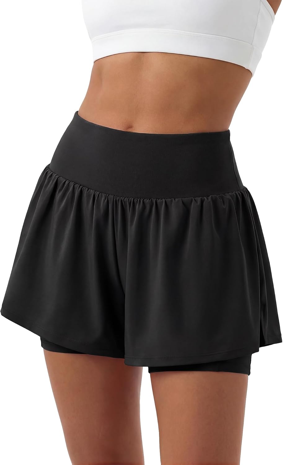 Stelle Women's 2-in-1 Running Shorts - High Waisted Athletic Gym Shorts with Liner Pockets