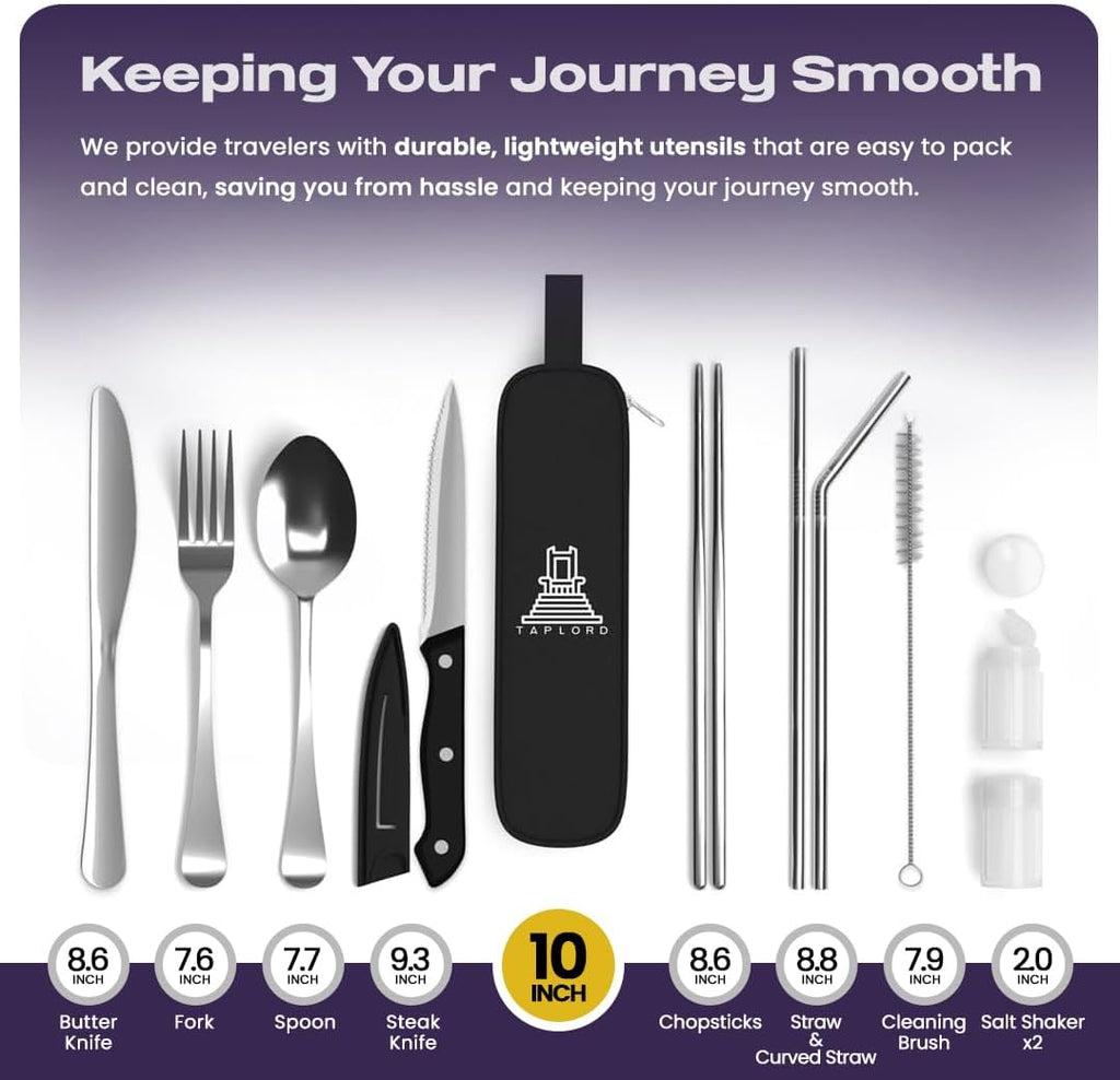 Skiennix Portable Travel Silverware Set - 10-Piece Stainless Steel Utensils with Case | Lightweight & Durable