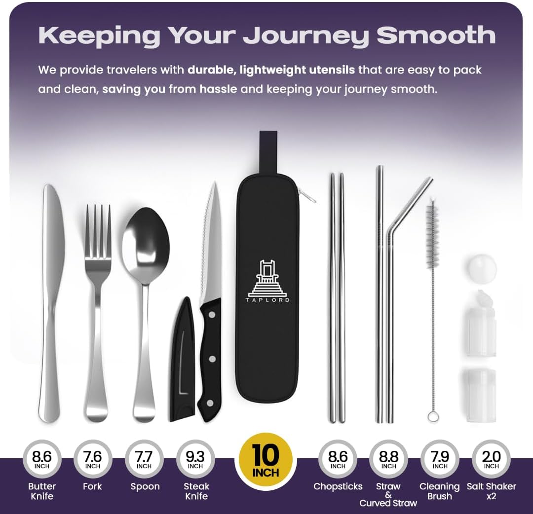 Skiennix Portable Travel Silverware Set - 10-Piece Stainless Steel Utensils with Case | Lightweight & Durable