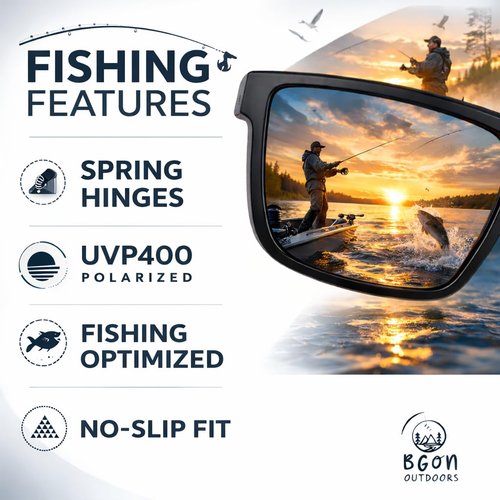 Bgon Outdoors FISHING Polarized UV400 sunglasses for lake, river, stream, and ocean fishing. Lightweight, durable comfort.