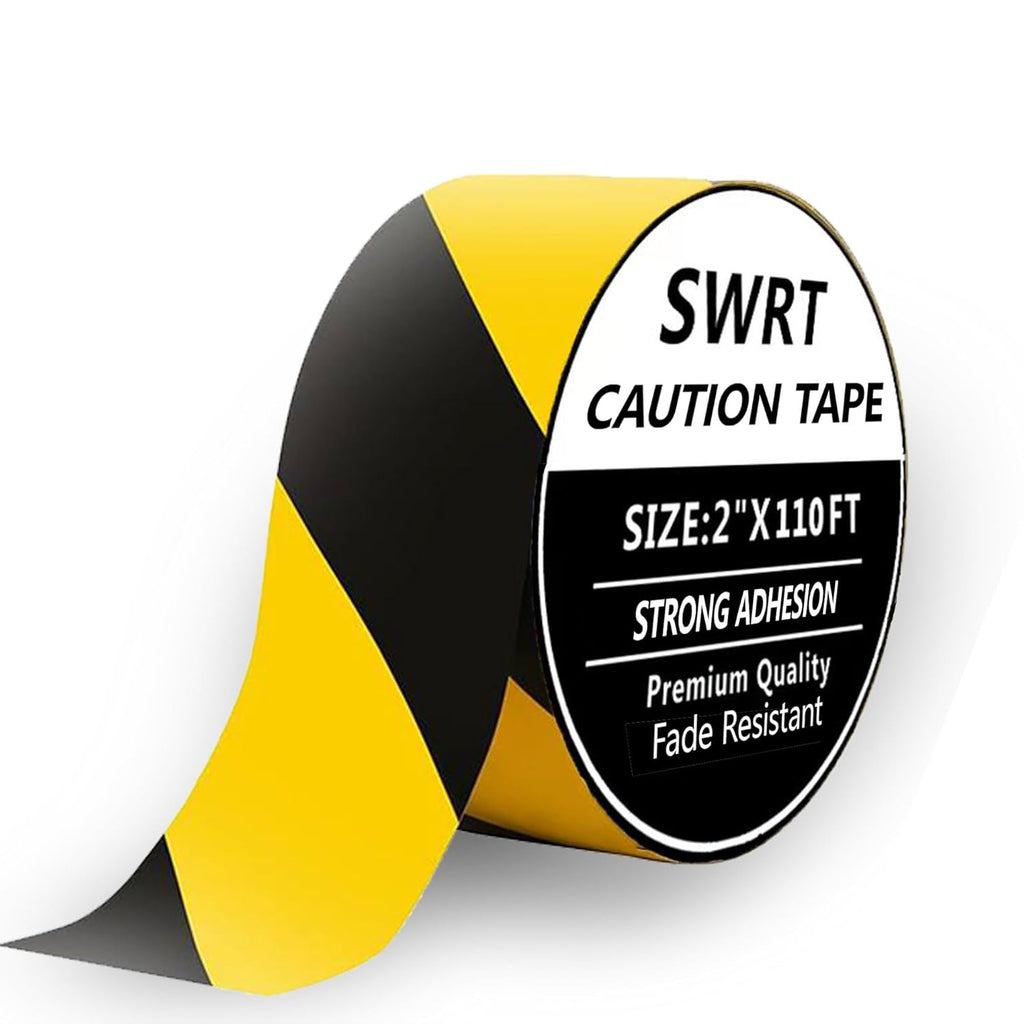 SWRT Hazard Tape - 2 Inch x 110FT Black & Yellow Warning Stripe | Strong Adhesive & Waterproof for Floor Marking