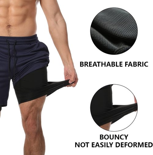 JWJ Men's 2-in-1 Workout Running Shorts - Lightweight 7-Inch Athletic Gym Shorts with Compression Liner