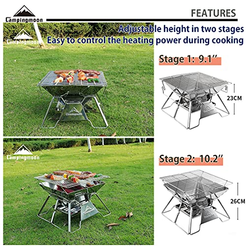 Camping Moon Portable Fire Pit Grill 14 Inch Stainless Steel - Medium Charcoal Barbecue MT-2