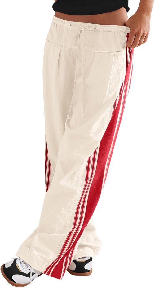 Fisoew Wide Leg Pants - High Waisted Striped Palazzo Track Pants with Pockets for Women