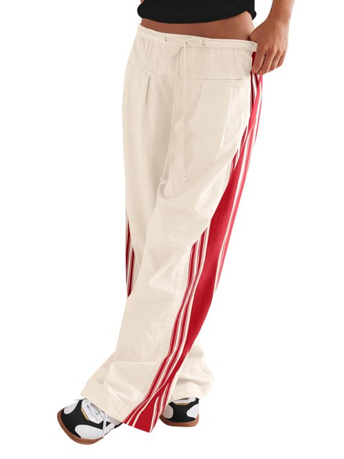 Fisoew Womens Wide Leg Pants Drawstring High Waisted Striped Baggy Palazzo Track Pants with Pockets Red