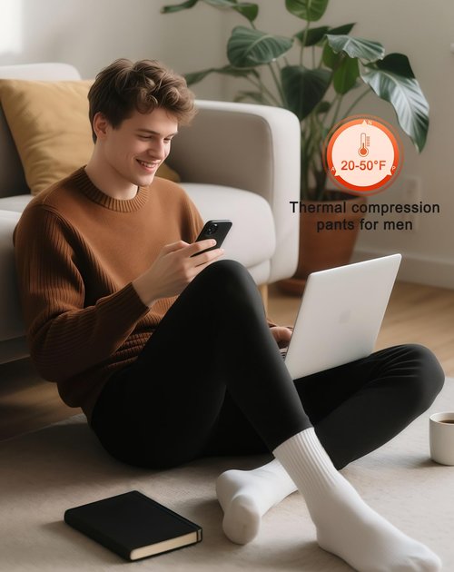 Roxdme Men Thermal Compression Pants Fleece Lined Tights Athletic Heated Leggings Cold Weather Baselayer Winter Gear Pockets Black
