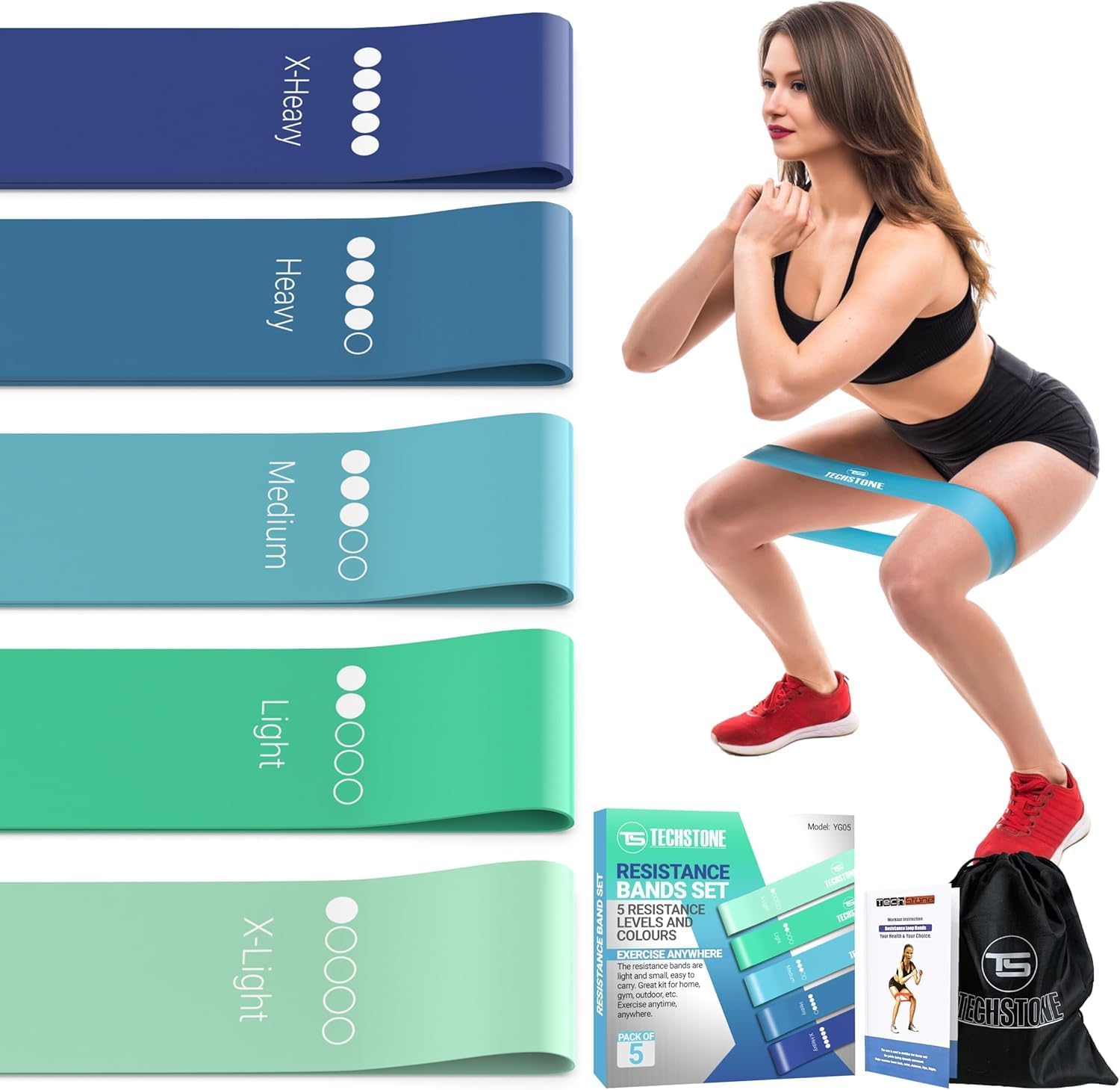TechStone Resistance Bands Set - 5-Level Loop Exercise Bands for Home Gym & Yoga | Includes Carry Bag