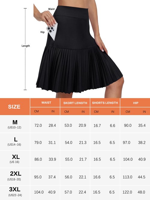 KORALHY 21" Golf Skorts with Pockets Pleated Tennis Skirts with Shorts Knee Length Skort for Athletic, Workout, Casual Wear Black M