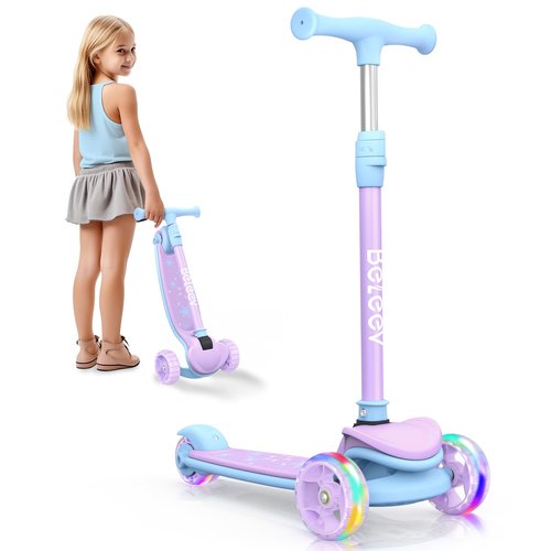 BELEEV Scooter for Kids Ages 3-12, 3 Wheel Folding Scooter for Toddlers Girls Boys, PU LED Light-Up Wheels, 4 Adjustable Height, Lean to Steer, Three Wheel Kick Scooters for Children (Purple)