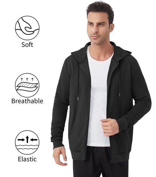 Idtswch Mens Tall Lightweight Hoodies Zip Up Sweatshirt Slim Fit Jacket Black