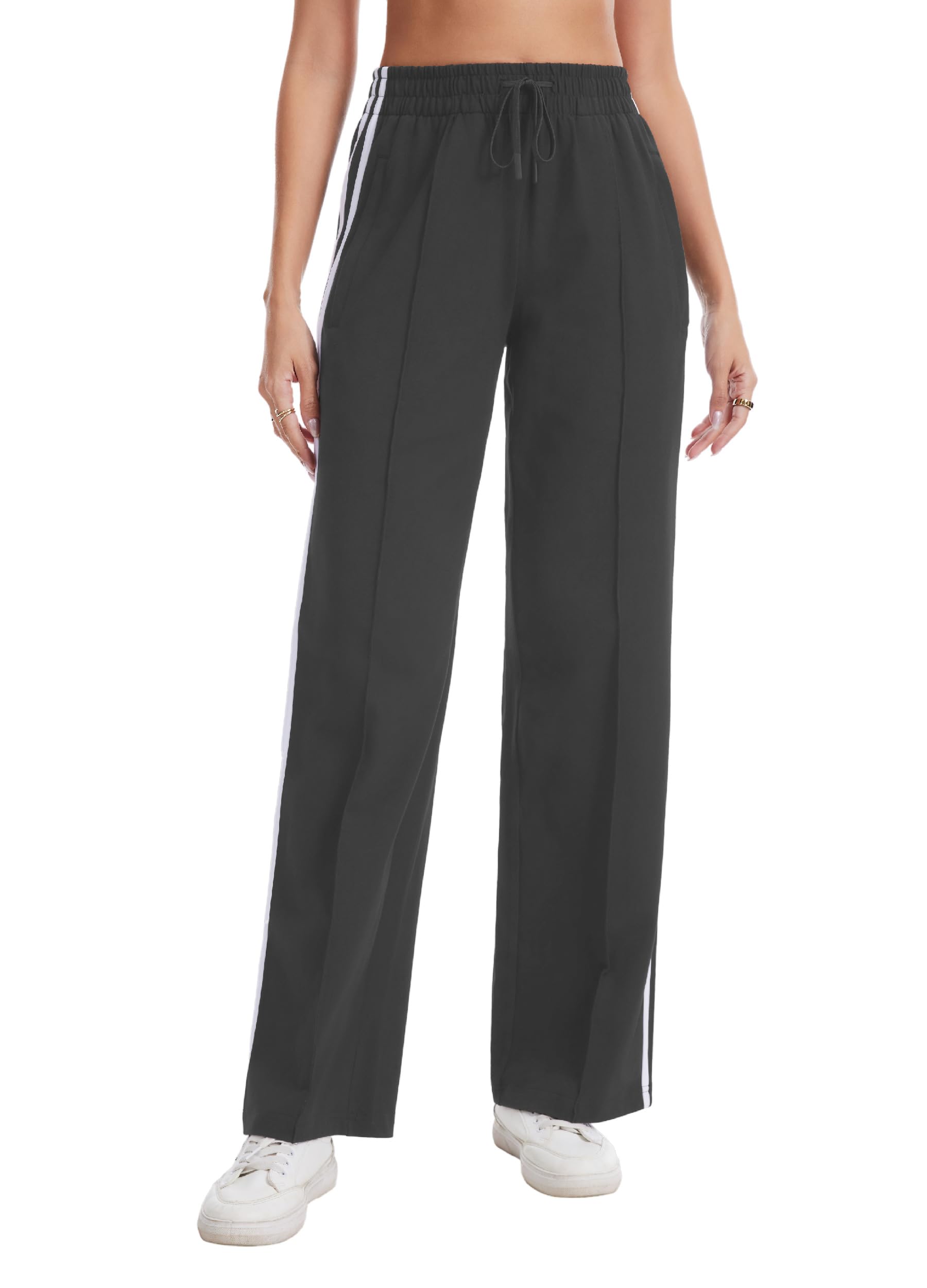 Houmous Cotton Sweatpants Womens Wide Leg Track Pants Lounge Stretch Athletic Loose Jogging Sport Zip Pockets,28 Inseam,Grey,XXL