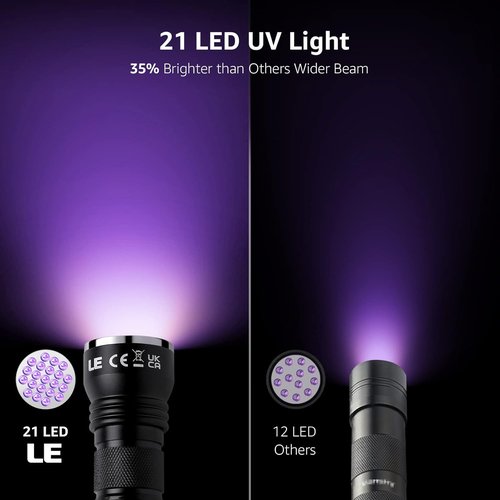 LE Black Light Flashlight - Compact UV Light with 21 LEDs for Detecting Stains & Inks | 395nm