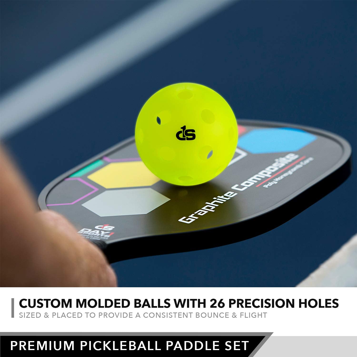 Premium Pickleball Set – 2 Paddle Set with Mesh Carry Bag, 4 Balls by Day 1 Sports - Durable Pickle Ball Paddles with Cushion Comfort Grip and Accessories - Graphite-Face Racquets, Pickleballs