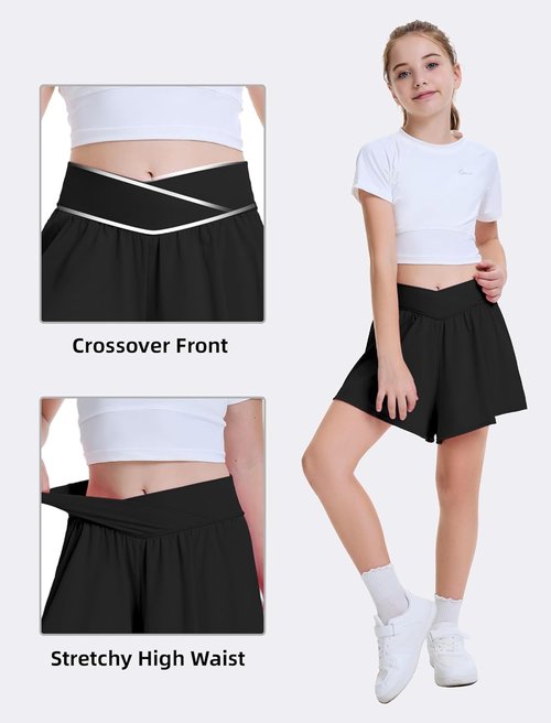 FireSwan Girls Butterfly Shorts - 2-in-1 Crossover Athletic Skorts with Pockets for Teens & Youth