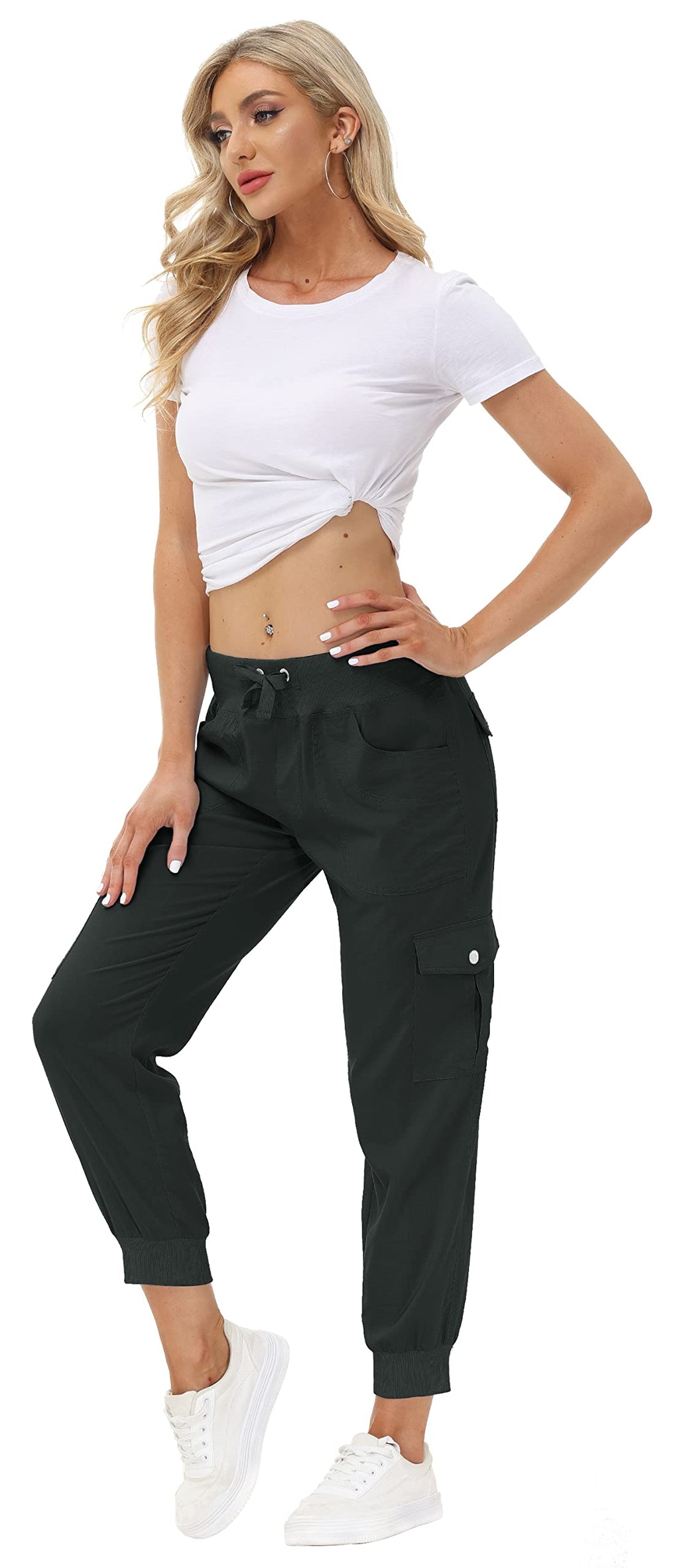 MoFiz Women Cargo Pants with Pockets Lightweight Outdoor Summer Travel Casual Hiking Pants Running Joggers Sweatpants Elastic Waist Dark Grey 3XL