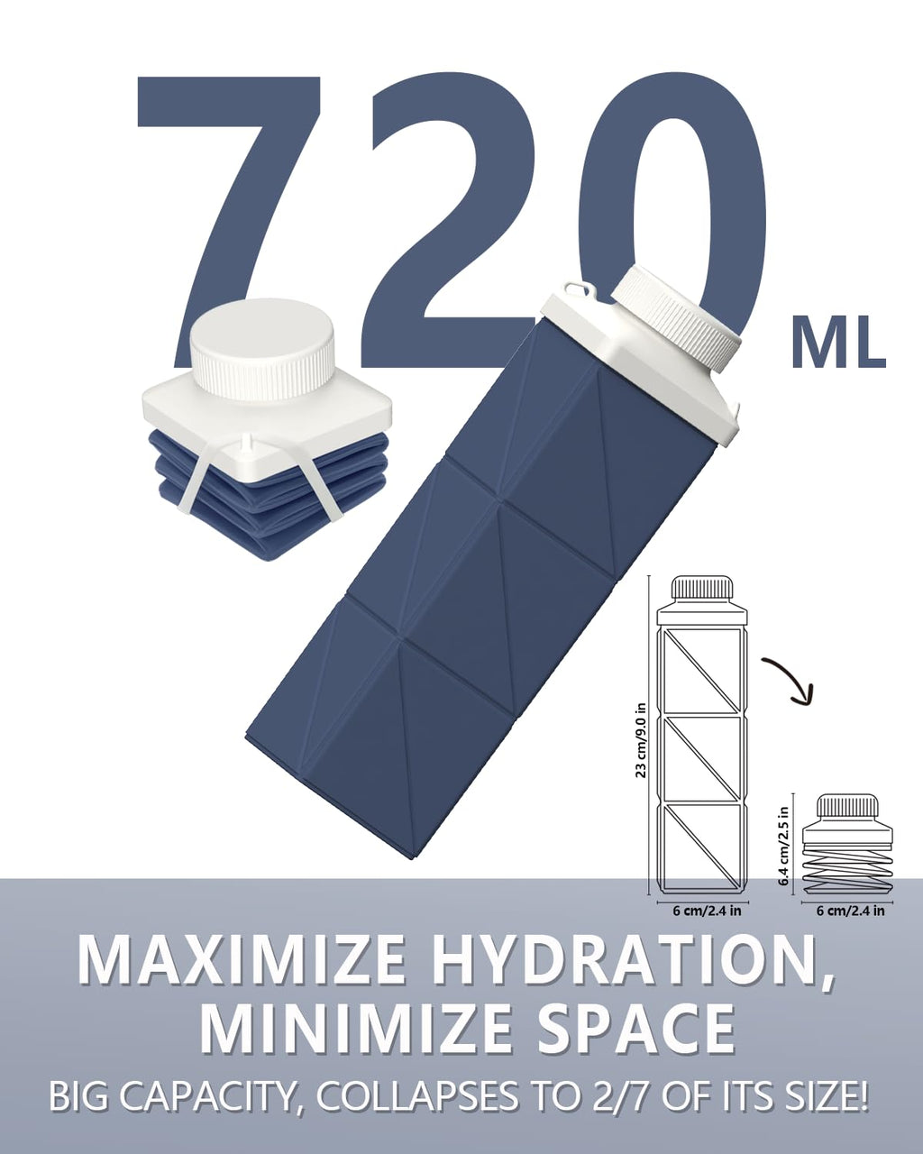 BEAUTAIL Collapsible Water Bottles 720ml 24.3oz, Foldable Portable Water Bottle, Lightweight Reusable Leakproof for Travel Camping Hiking Cycling Yoga Sports Outdoor School Office, 1 Pack, Dark Blue