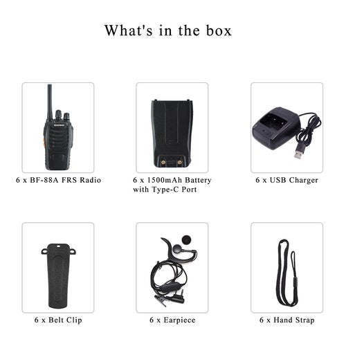 BAOFENG BF-88A Walkie Talkies Handheld FRS Radio License-Free Walkie Talkie for Adults Long Range 16 Channels Two Way Radio with USB C Charger Pack of 6