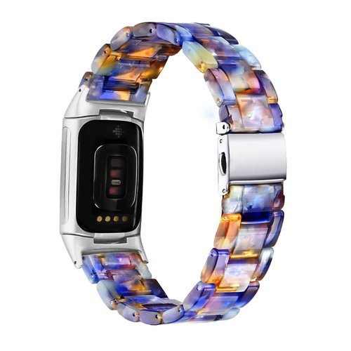 Omter Compatible with Resin Fitbit Charge 5 Band for Women Men Replacement Adjustable Wirstband Strap Bracelet(Flower Blue)