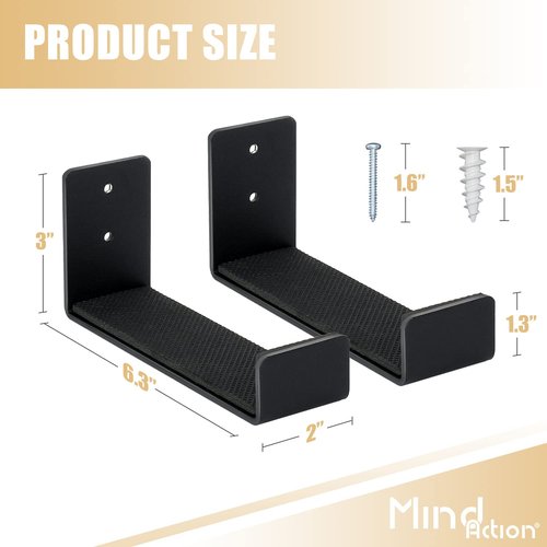 Mind and Action Skateboard Wall Mount Display Rack,Home and Garage Skateboard Storage,Solid Aluminum Shelf Brackets. (Black 1 Pair)