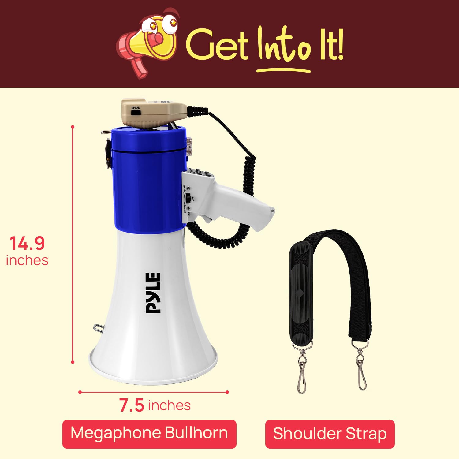 Pyle 50W Megaphone Bullhorn Speaker – Portable Bluetooth, Alarm Siren, Adjustable Volume up to 1700 Yards, Aux Input, USB/TF Playback, for Indoor/Outdoor Activities, Sports, and Emergency Drills –Blue