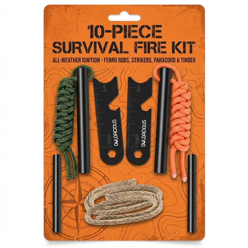 Owldacious Fire Starter Survival Kit – 4 Ferro Rods (4", 3.2", 2×2.4"), 2 Strikers, 2 Tinder Wicks (13" Each), and 2 Paracords (40“ Each). Flint and Steel Emergency Tool.